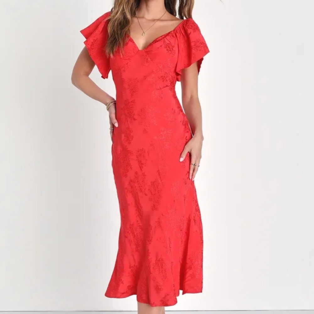 NWT XL Lulu's Effervescent Afternoon Red Satin Flutter Sleeve Midi Dress